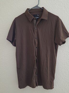 Stone Falcon Men's Brown Stretch Short Sleeve Snap Button Down Shirt Medium